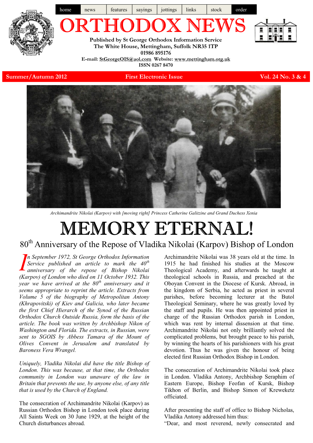 Orthodox News, Summer/Autumn 2012, Vol. 24 No