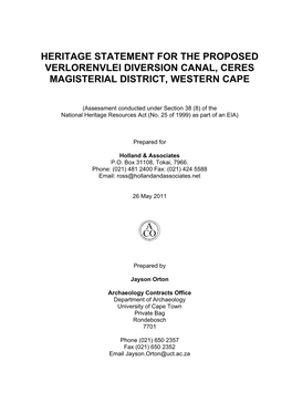 Heritage Statement for the Proposed Verlorenvlei Diversion Canal, Ceres Magisterial District, Western Cape