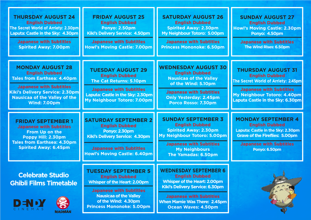 Celebrate Studio Ghibli Films Timetable