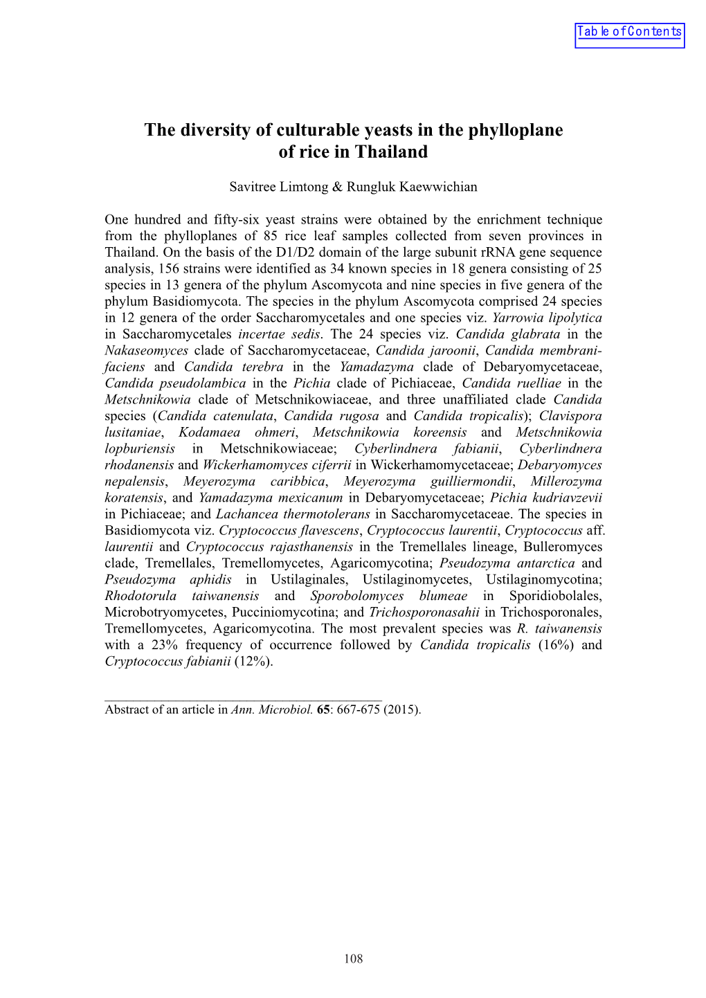 The Diversity of Culturable Yeasts in the Phylloplane of Rice in Thailand