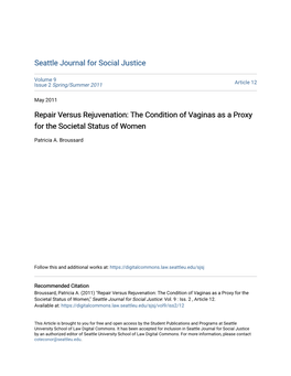 Repair Versus Rejuvenation: the Condition of Vaginas As a Proxy for the Societal Status of Women