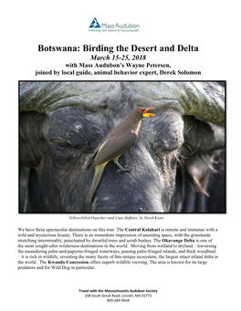 Botswana: Birding the Desert and Delta March 15-25, 2018 with Mass Audubon’S Wayne Petersen, Joined by Local Guide, Animal Behavior Expert, Derek Solomon