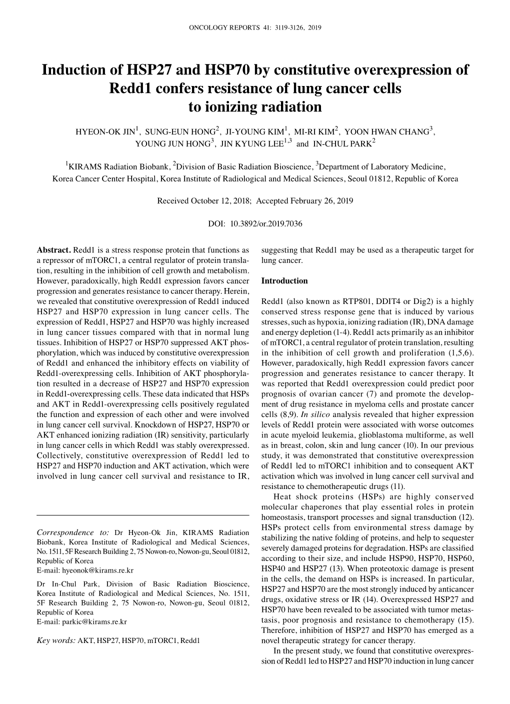 Induction of HSP27 and HSP70 by Constitutive Overexpression of Redd1 Confers Resistance of Lung Cancer Cells to Ionizing Radiation