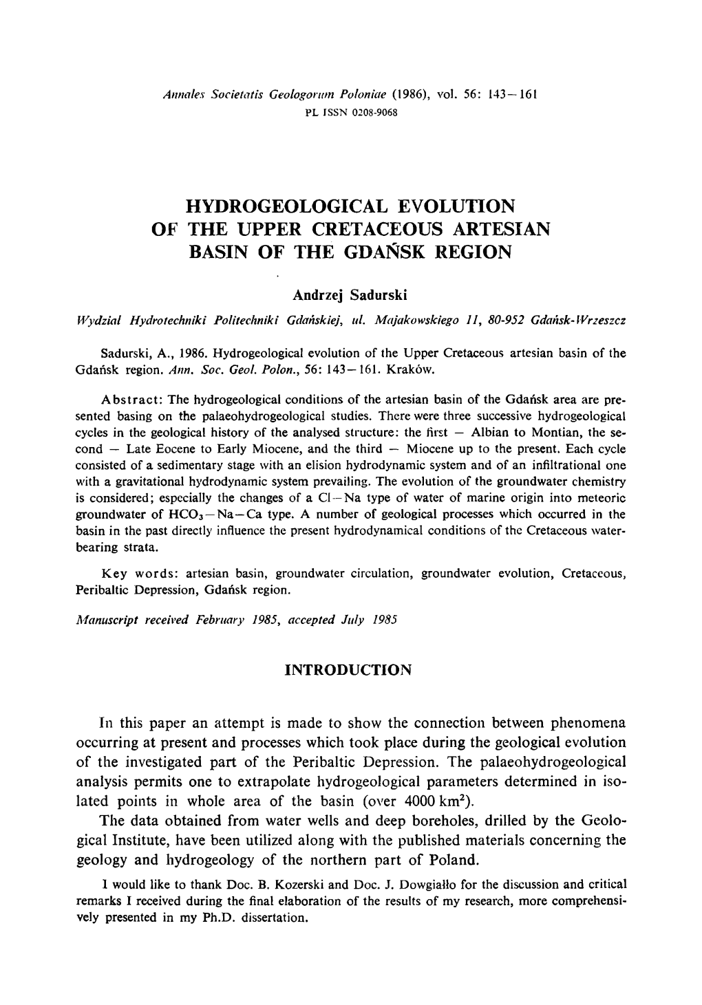 Hydrogeological Evolution of the Upper Cretaceous Artesian Basin of the Gdańsk Region