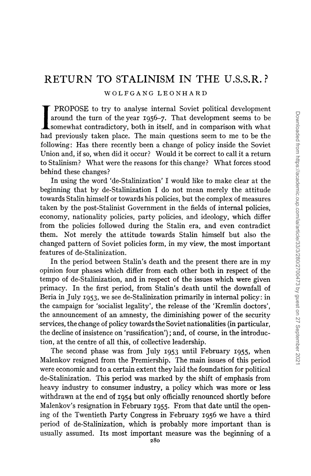 Return to Stalinism in the U.S.S.R.? Wolfgang Leonhard