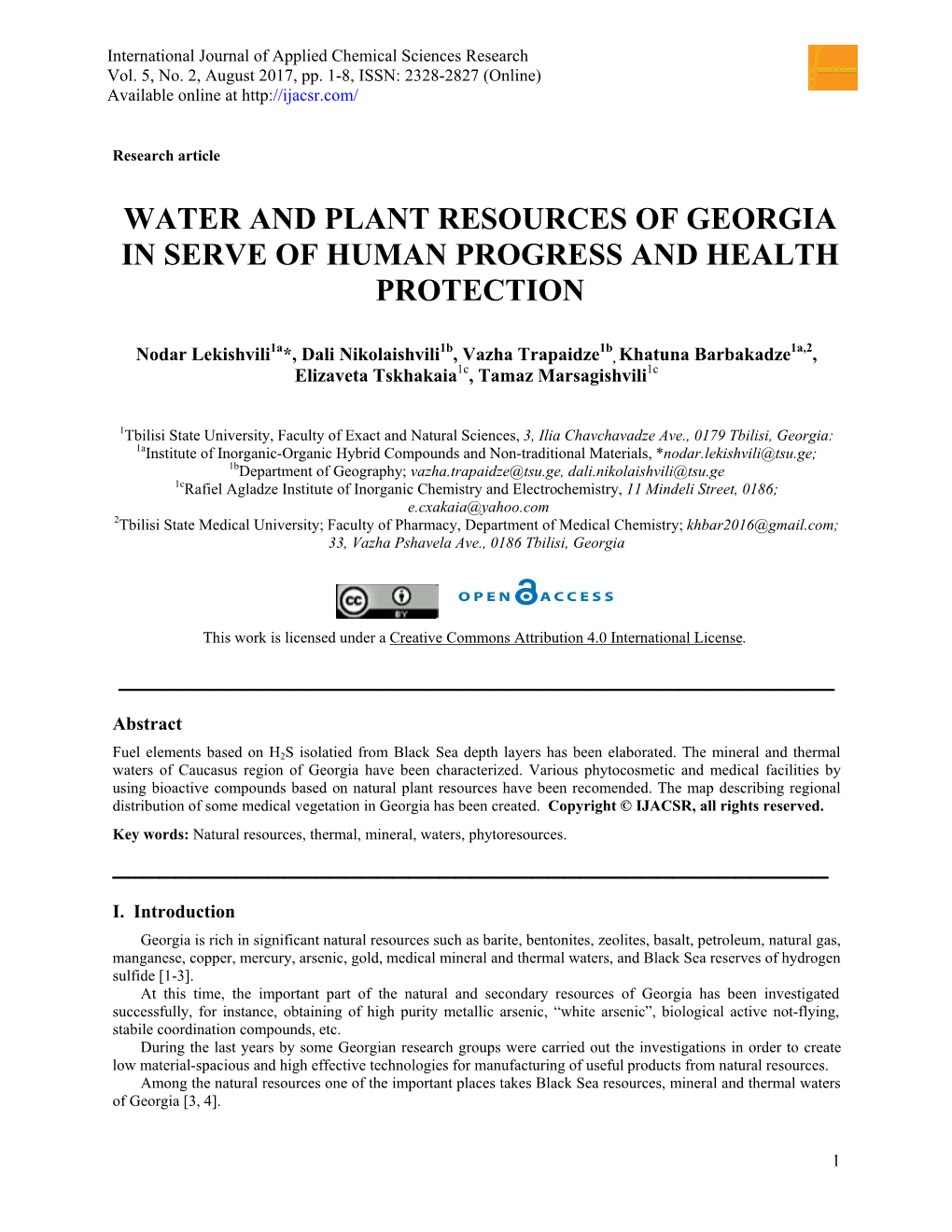 Water and Plant Resources of Georgia in Serve Of