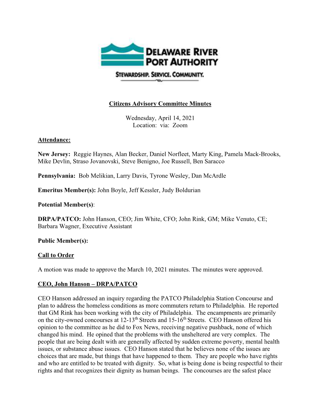 Citizens Advisory Committee Minutes Wednesday, April 14, 2021