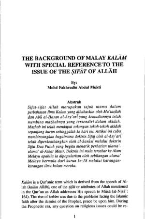 The Background of Malay Kalam with Special Reference to the Issue of the Sifat of Allah