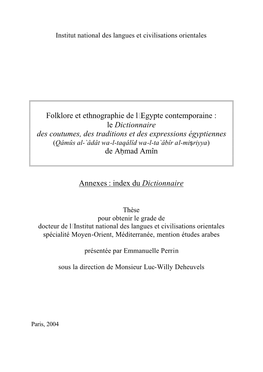 Annexes : Index Du Dictionnaire Folklore Et