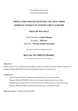 Implication Des Recepteurs 5-Ht2 Dans Trois Modeles Animaux D'anxiete Chez La Souris