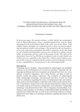 Cutting-Edge Technology and Know-How of Minoans/Mycenaeans During Lba and Possible Implications for the Dating of the Trojan War