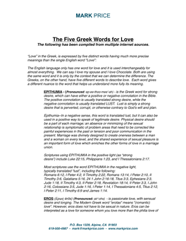 The Five Greek Words for Love the Following Has Been Compiled from Multiple Internet Sources