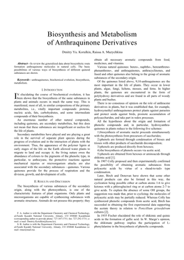 Biosynthesis and Metabolism of Anthraquinone Derivatives