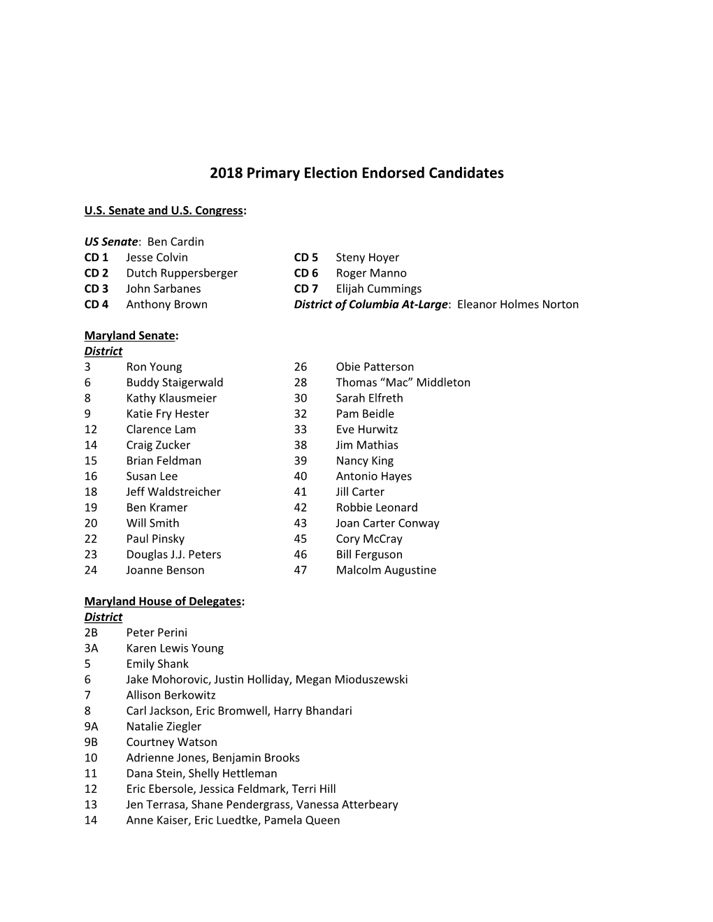 2018 Primary Election Endorsed Candidates