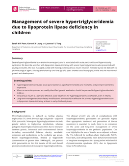 Management of Severe Hypertriglyceridemia Due to Lipoprotein Lipase Deficiency in Children