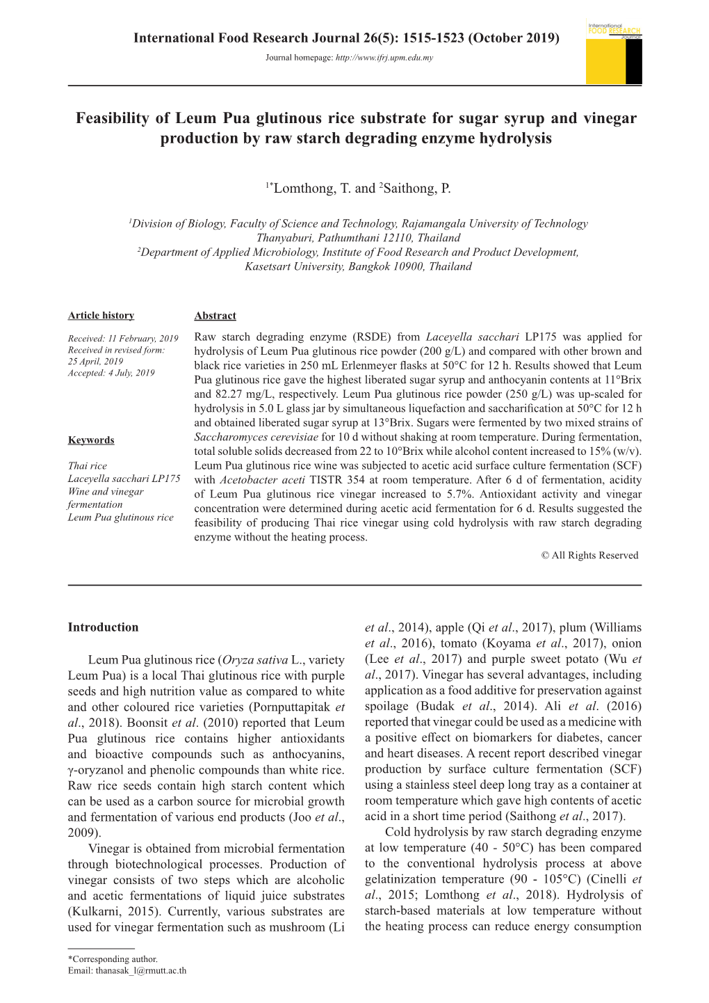 Feasibility of Leum Pua Glutinous Rice Substrate for Sugar Syrup and Vinegar Production by Raw Starch Degrading Enzyme Hydrolysis