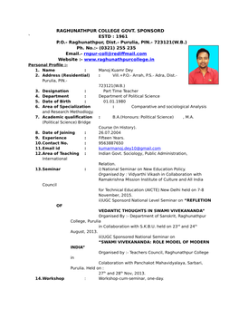 ESTD : 1961 PO- Raghunathpur, Dist.- Purulia, PIN.- 723121(WB) Ph. No.:- (0321) 255 23