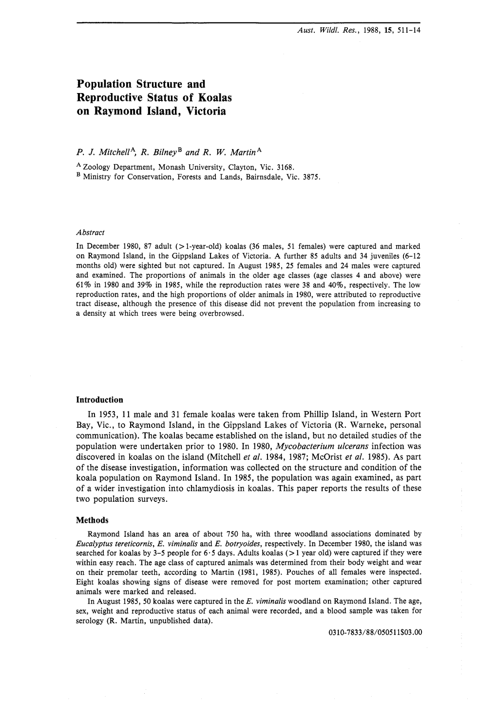 Population Structure and Reproductive Status of Koalas on Raymond Island, Victoria