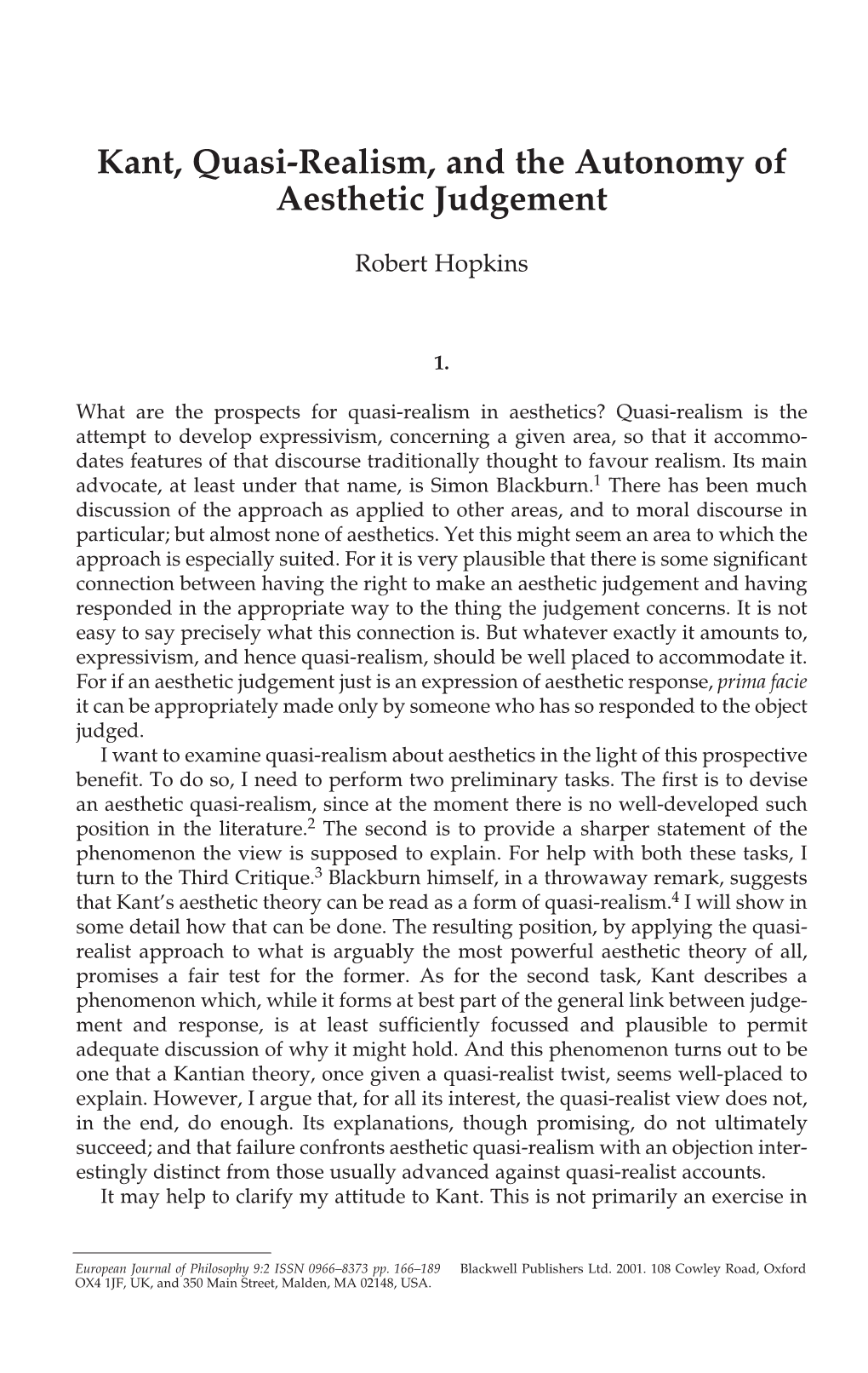 Kant, Quasi-Realism, and the Autonomy of Aesthetic Judgment