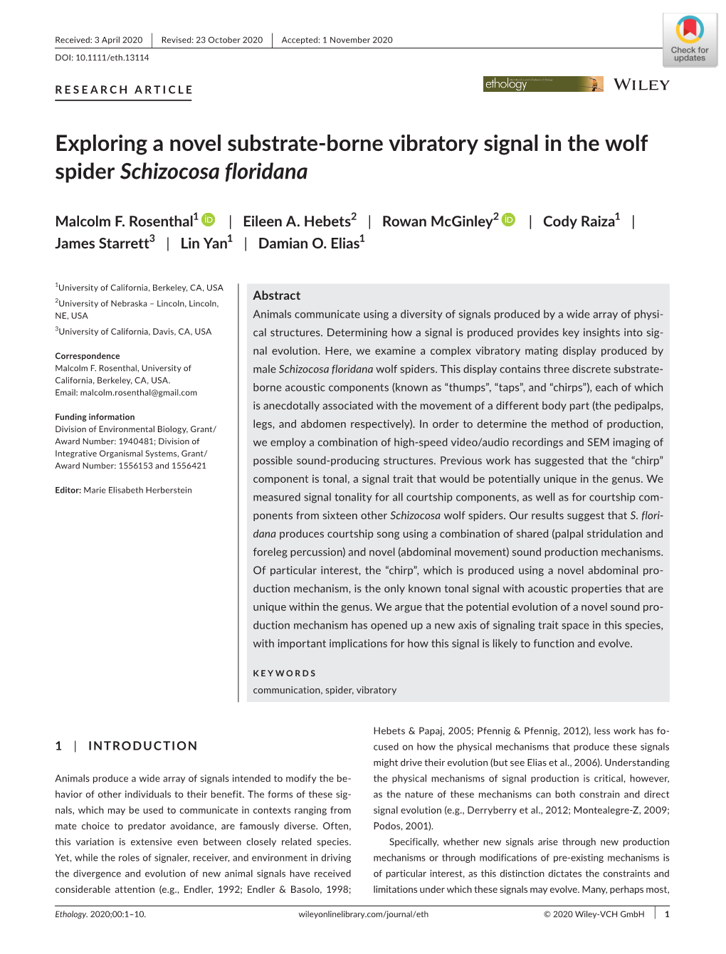 Exploring a Novel Substrate‐Borne Vibratory Signal in the Wolf Spider Schizocosa Floridana