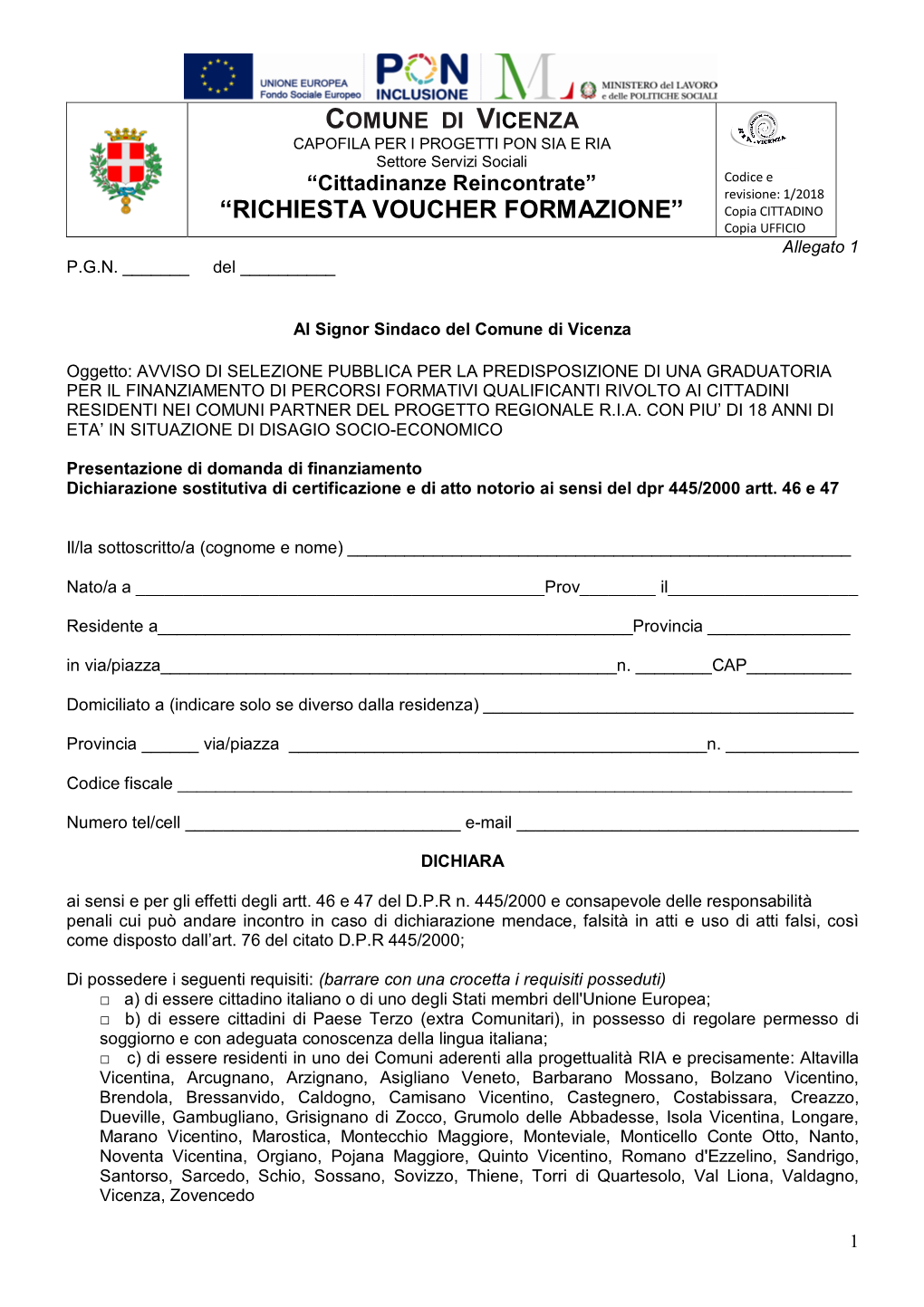 “RICHIESTA VOUCHER FORMAZIONE” Copia CITTADINO Copia UFFICIO Allegato 1 P.G.N