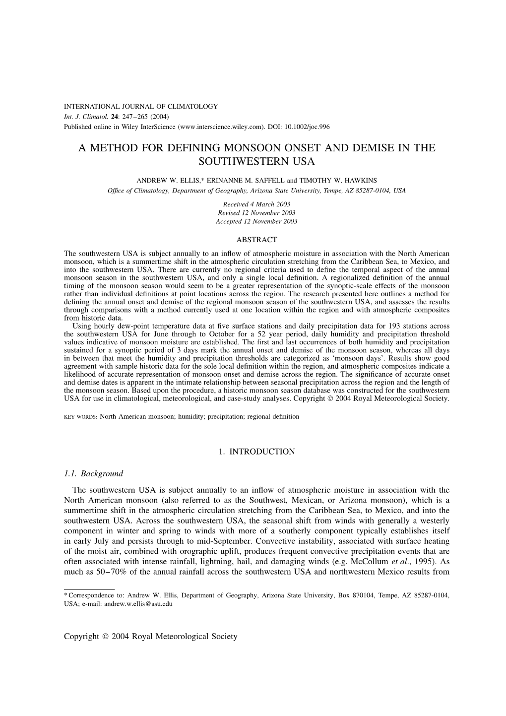 A Method for Defining Monsoon Onset and Demise in the Southwestern Usa