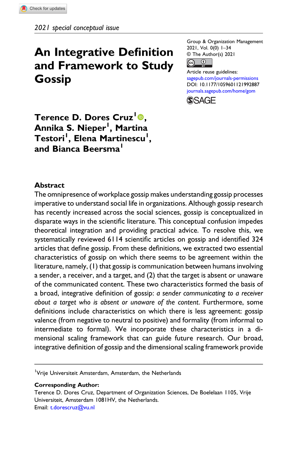 An Integrative Definition and Framework to Study Gossip