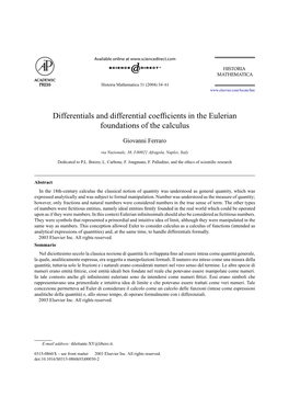 Differentials and Differential Coefficients in the Eulerian