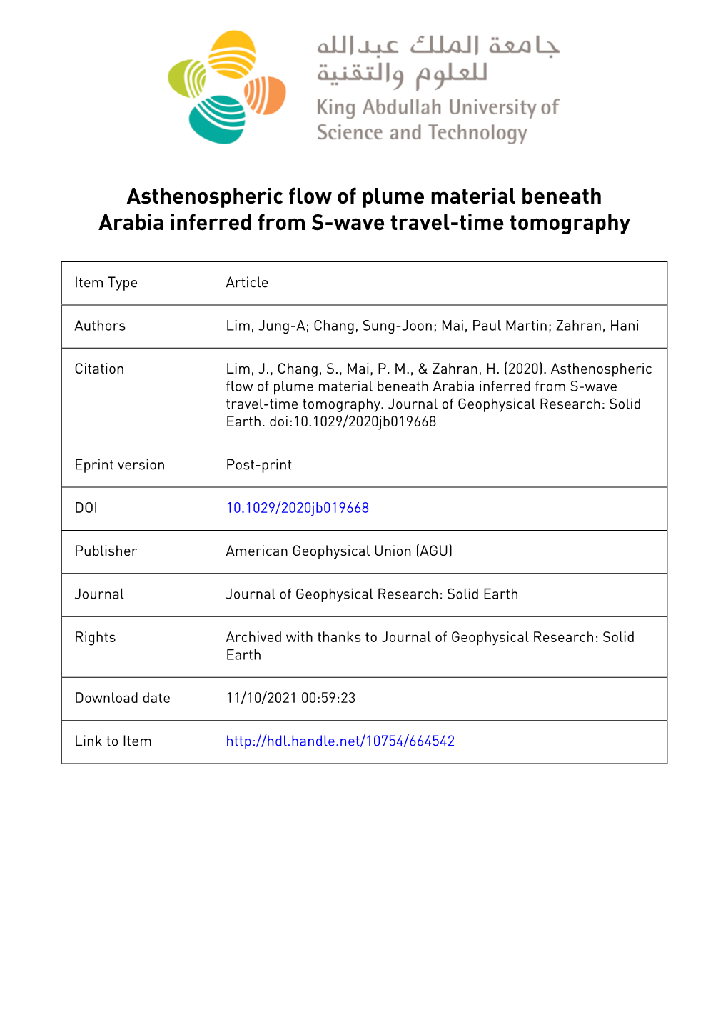 Asthenospheric Flow of Plume Material Beneath Arabia Inferred from S-Wave Travel-Time Tomography