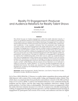 Reality TV Engagement: Producer and Audience Relations for Reality Talent Shows Annette Hill1 University of Lund Annette.Hill @ Kom.Lu.Se