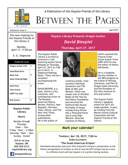 David Biespiel Monday, Thursday, April 27, 2017 April 17, 11:00 Am