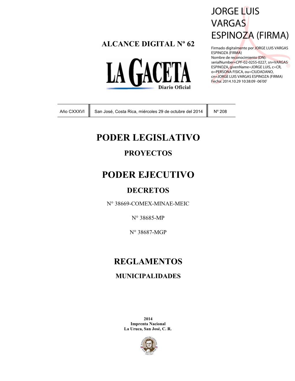 ALCANCE DIGITAL N° 62 a La Gaceta N° 208 De La Fecha 29 10 2014
