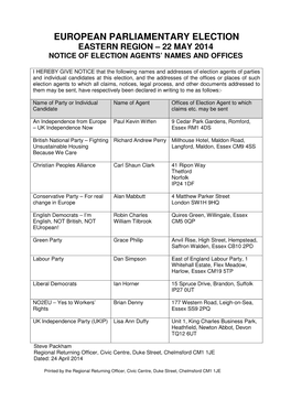 Notice of Election Agents’ Names and Offices