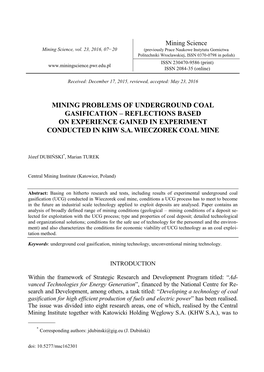 Mining Problems of Underground Coal Gasification – Reflections Based on Experience Gained in Experiment Conducted in Khw S.A