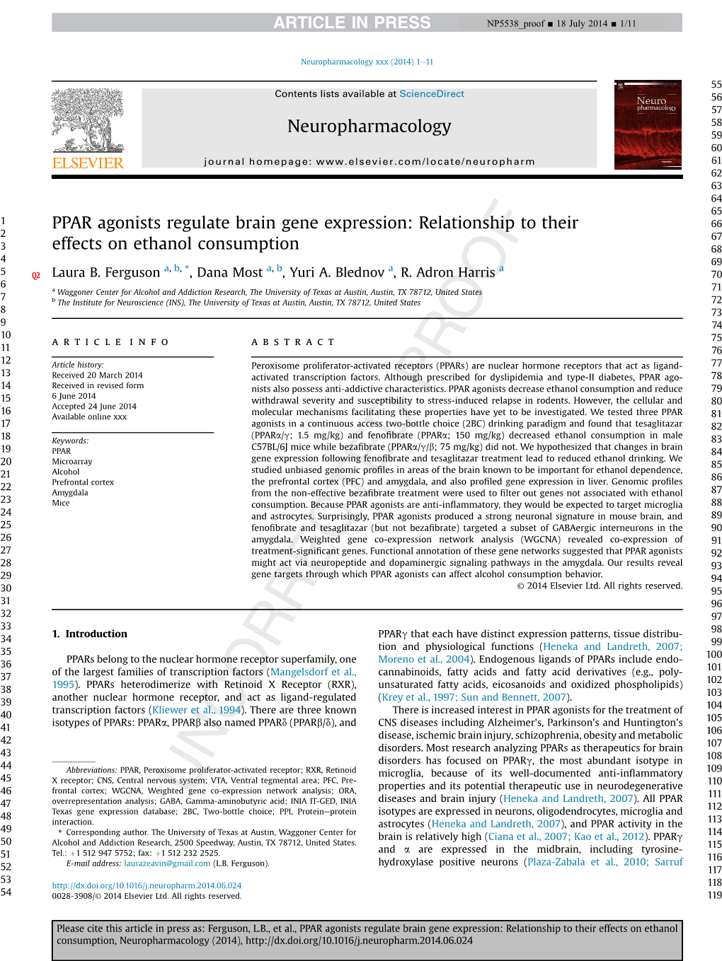 PPAR Agonists Regulate Brain Gene Expression: Relationship to Their 66 2 67 3 Effects on Ethanol Consumption 68 4 69 A, B, * A, B a a 5 Q2 Laura B