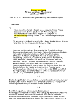 Haubergordnung Für Den Landkreis Altenkirchen Vom 9. April 1890 *) Zum 19.02.2013 Aktuellste Verfügbare Fassung Der Gesamtausg
