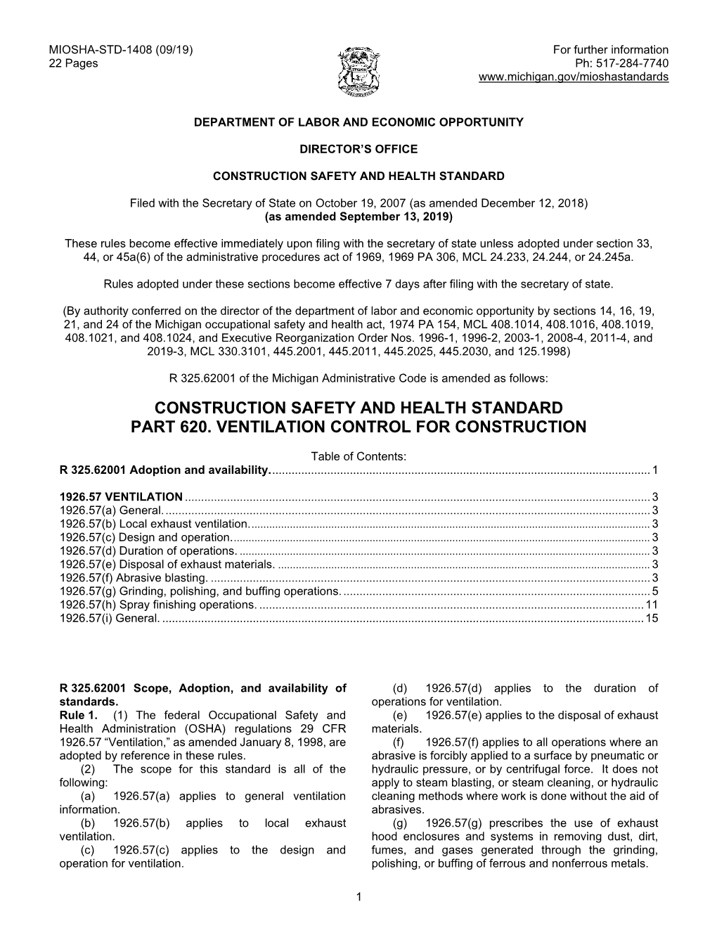 Construction Safety and Health Standard Part 620