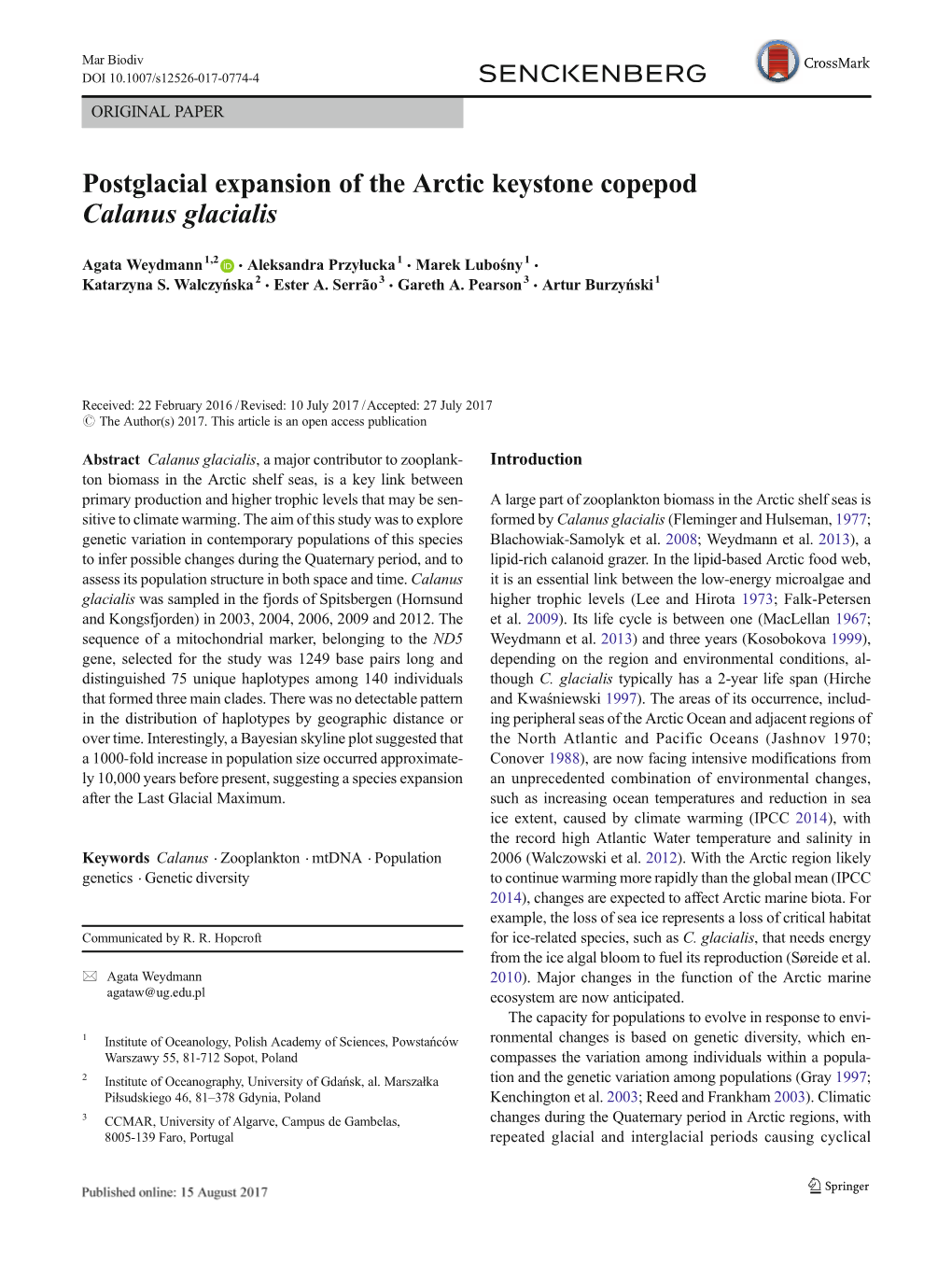 Postglacial Expansion of the Arctic Keystone Copepod Calanus Glacialis