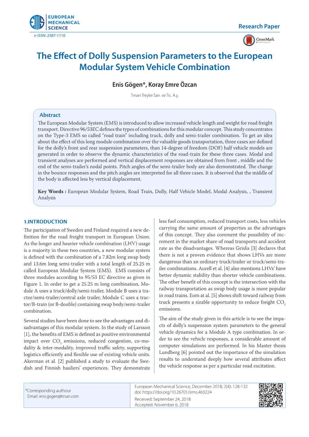 The Effect of Dolly Suspension Parameters to the European Modular System Vehicle Combination