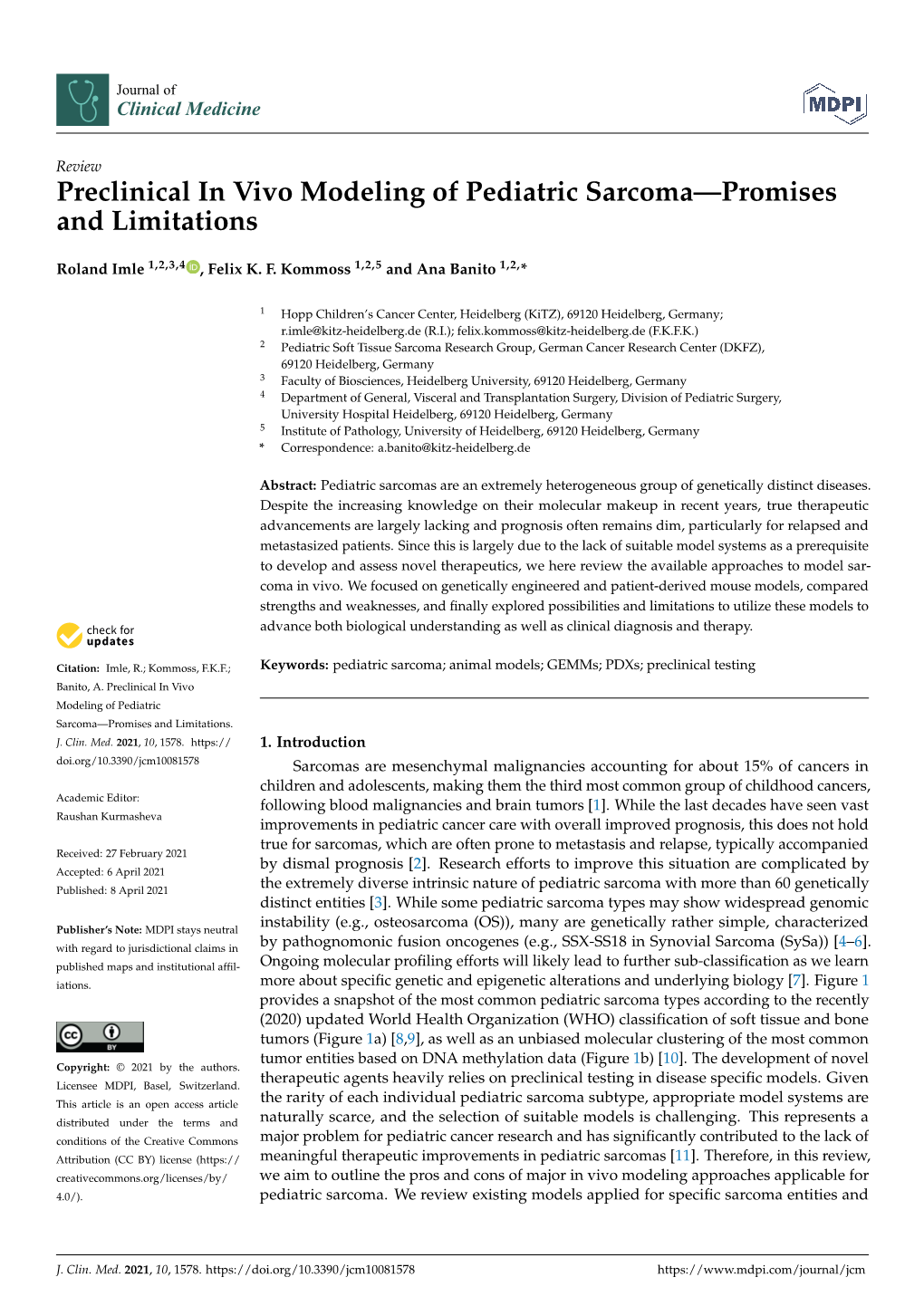 Preclinical in Vivo Modeling of Pediatric Sarcoma—Promises and Limitations