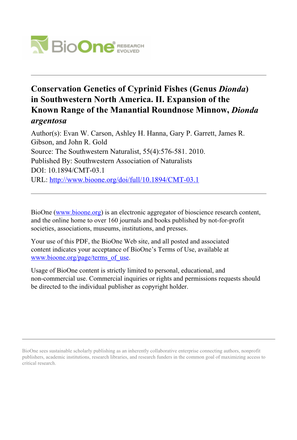 Conservation Genetics of Cyprinid Fishes (Genus Dionda) in Southwestern North America