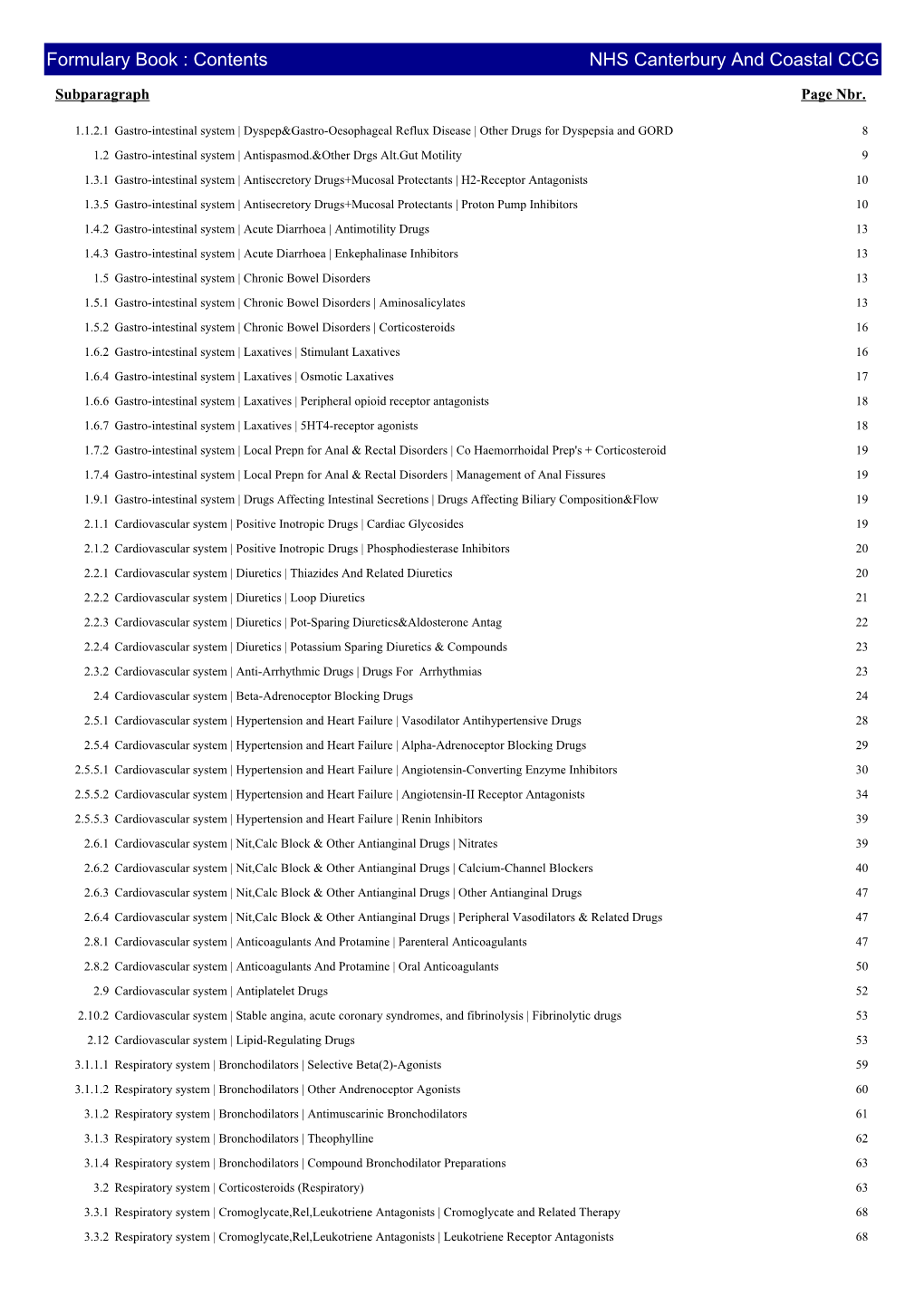 Formulary Book : Contents NHS Canterbury and Coastal CCG