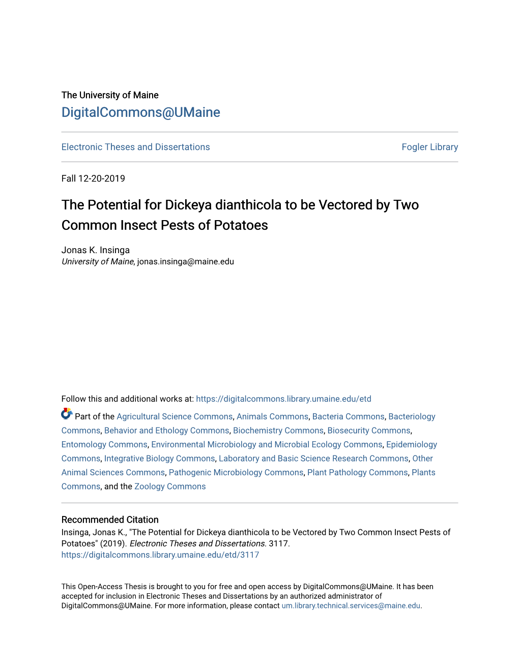 The Potential for Dickeya Dianthicola to Be Vectored by Two Common Insect Pests of Potatoes