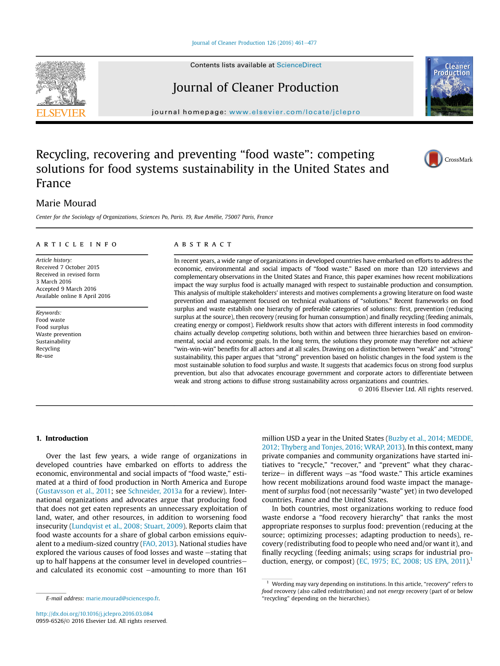 Food Waste”: Competing Solutions for Food Systems Sustainability in the United States and France