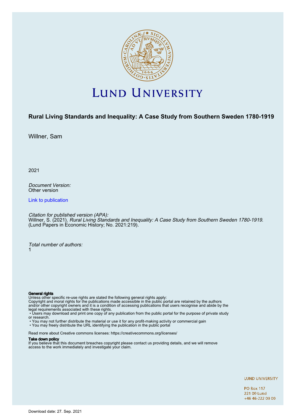 Rural Living Standards and Inequality: a Case Study from Southern Sweden 1780-1919