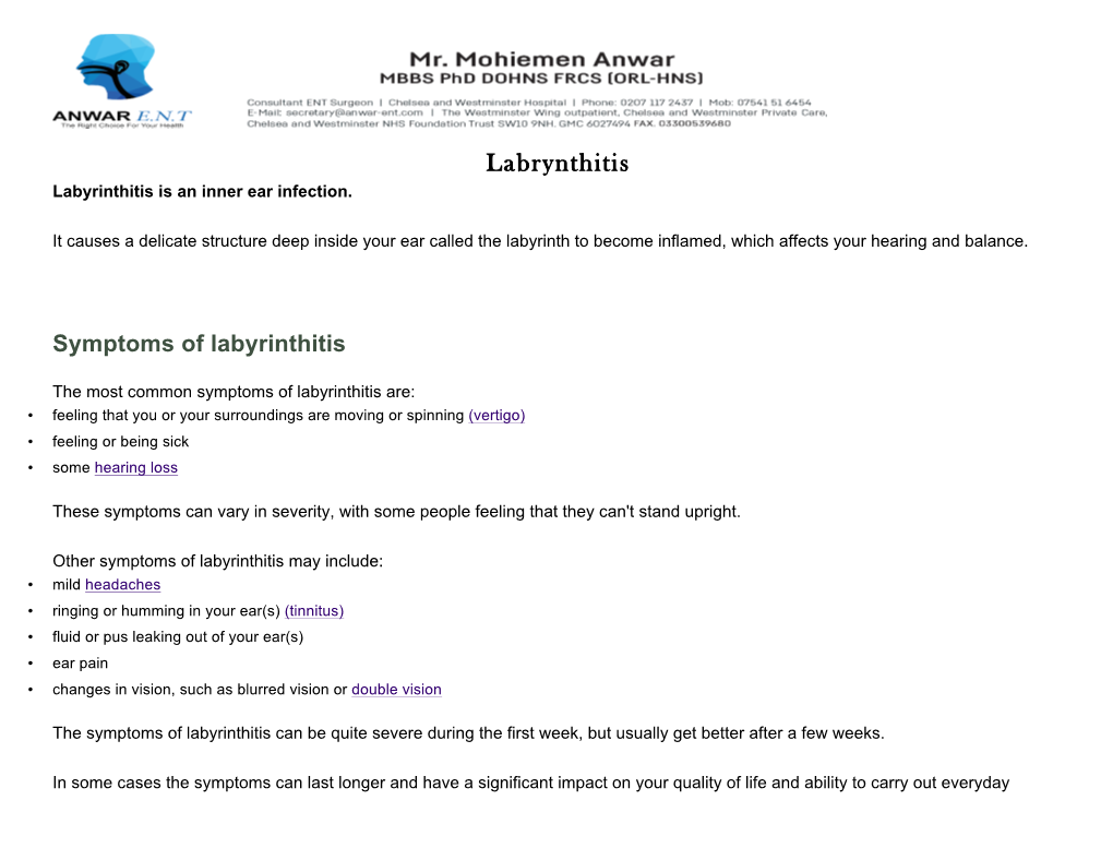 Labrynthitis Labyrinthitis Is an Inner Ear Infection