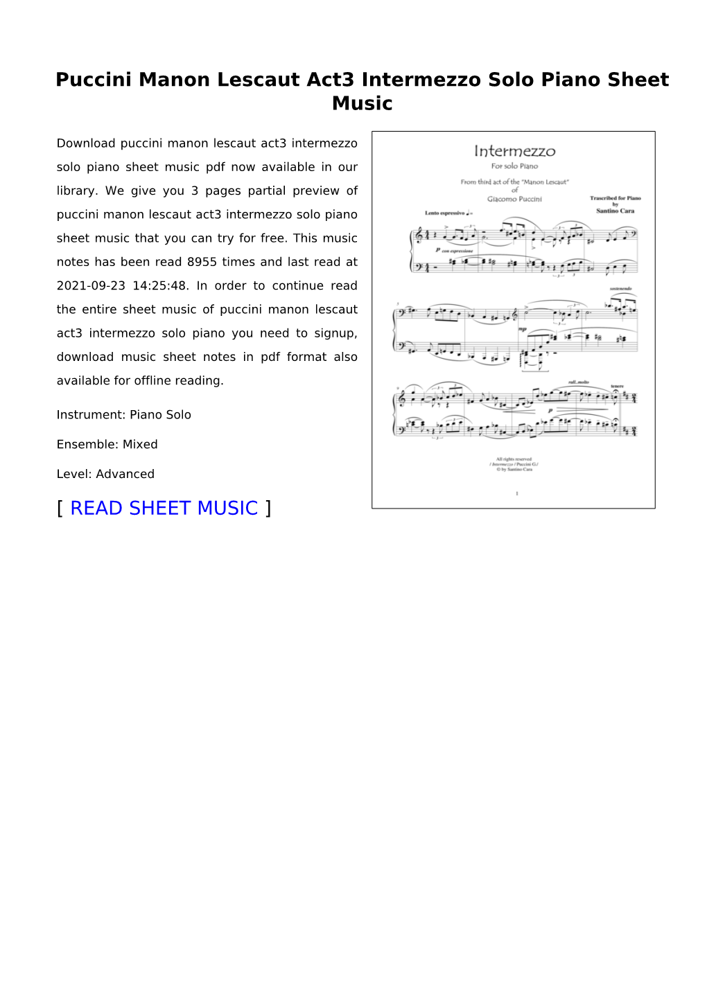 Sheet Music of Puccini Manon Lescaut Act3 Intermezzo Solo Piano You Need to Signup, Download Music Sheet Notes in Pdf Format Also Available for Offline Reading