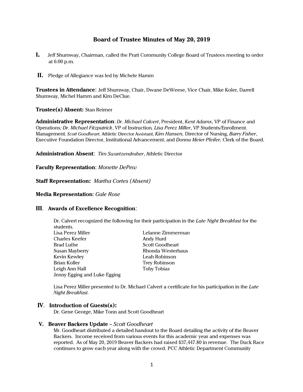 Board of Trustee Minutes of May 20, 2019