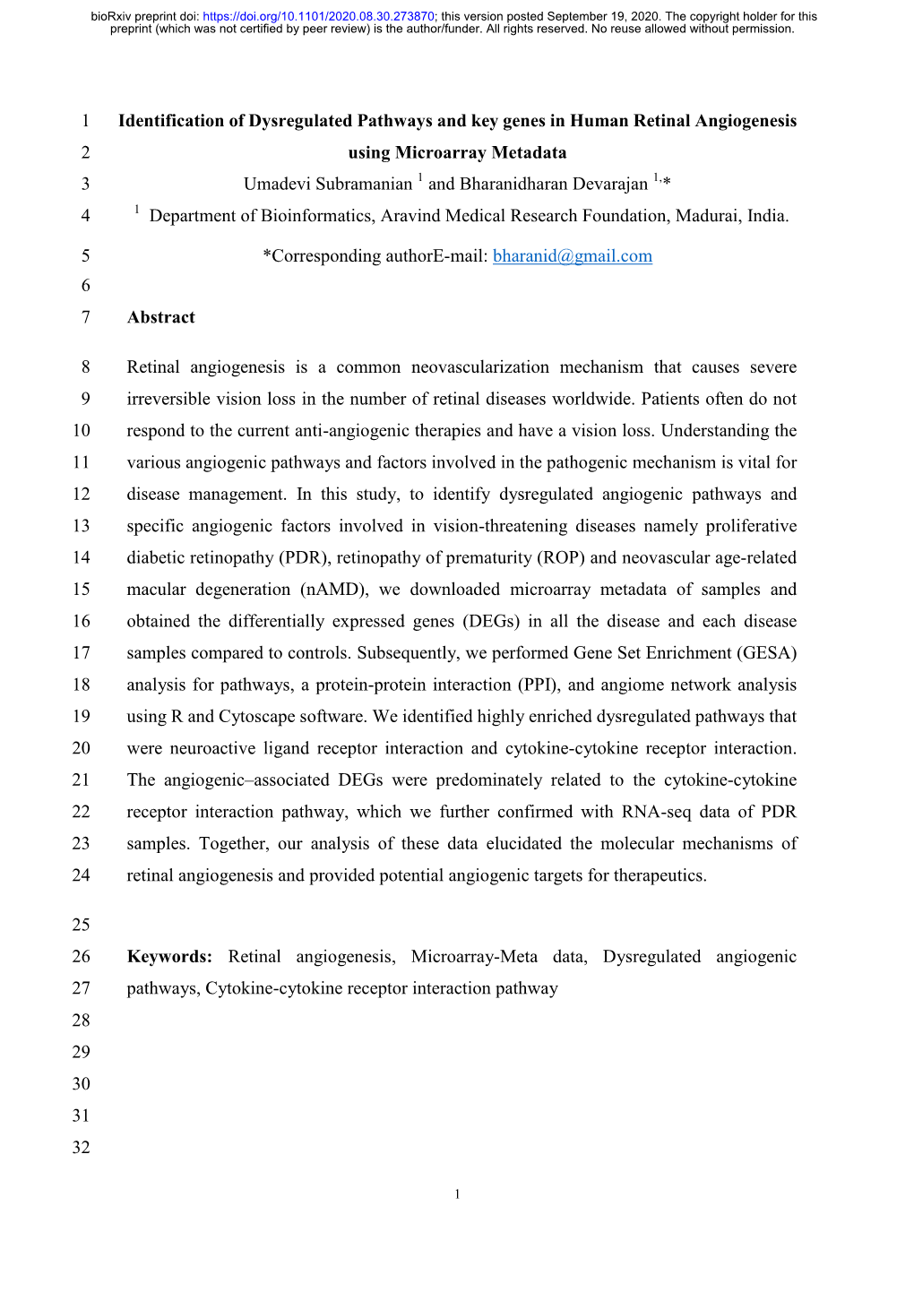 Identification of Dysregulated Pathways and Key Genes in Human Retinal Angiogenesis 1 Using Microarray Metadata 2 Umadevi Subra