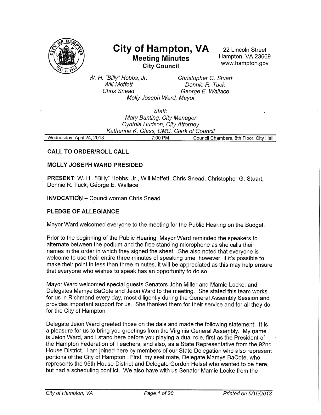 City of Hampton VA 22 Lincoln Street Meeting Minutes Hampton VA 23669 Www Hampton Gov City Council